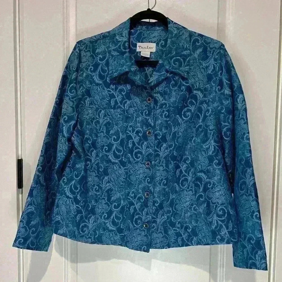 TANJAY BLUE FLORAL PRINT BLUE BLAZER JACKET SIZE MEDIUM - Picture 1 of 6
